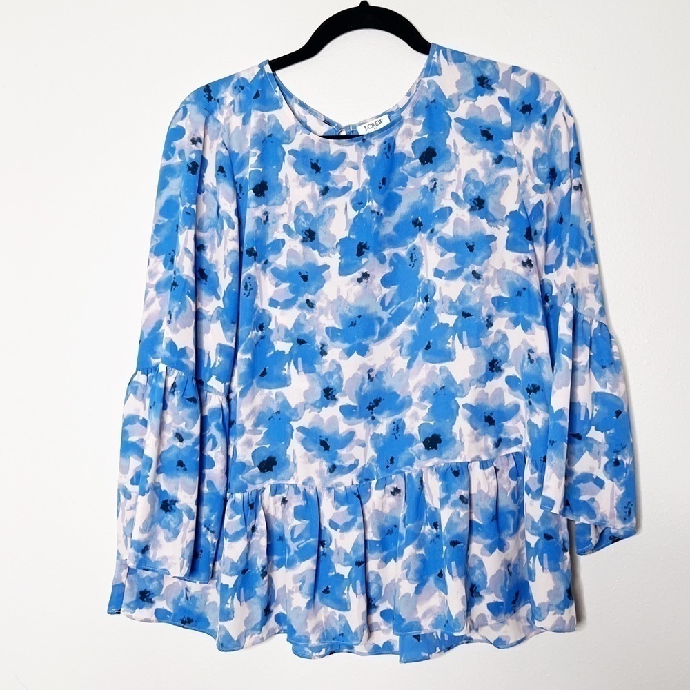 J.Crew Blue Gray Floral Flowy Peplum 3/4 Sleeve Blouse Size Medium Women’s